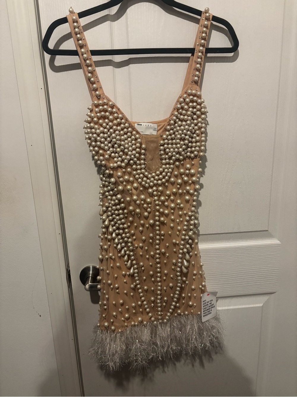 ASOS Nude Beaded Pearl-Embellished Mini Dress with Feather Hem